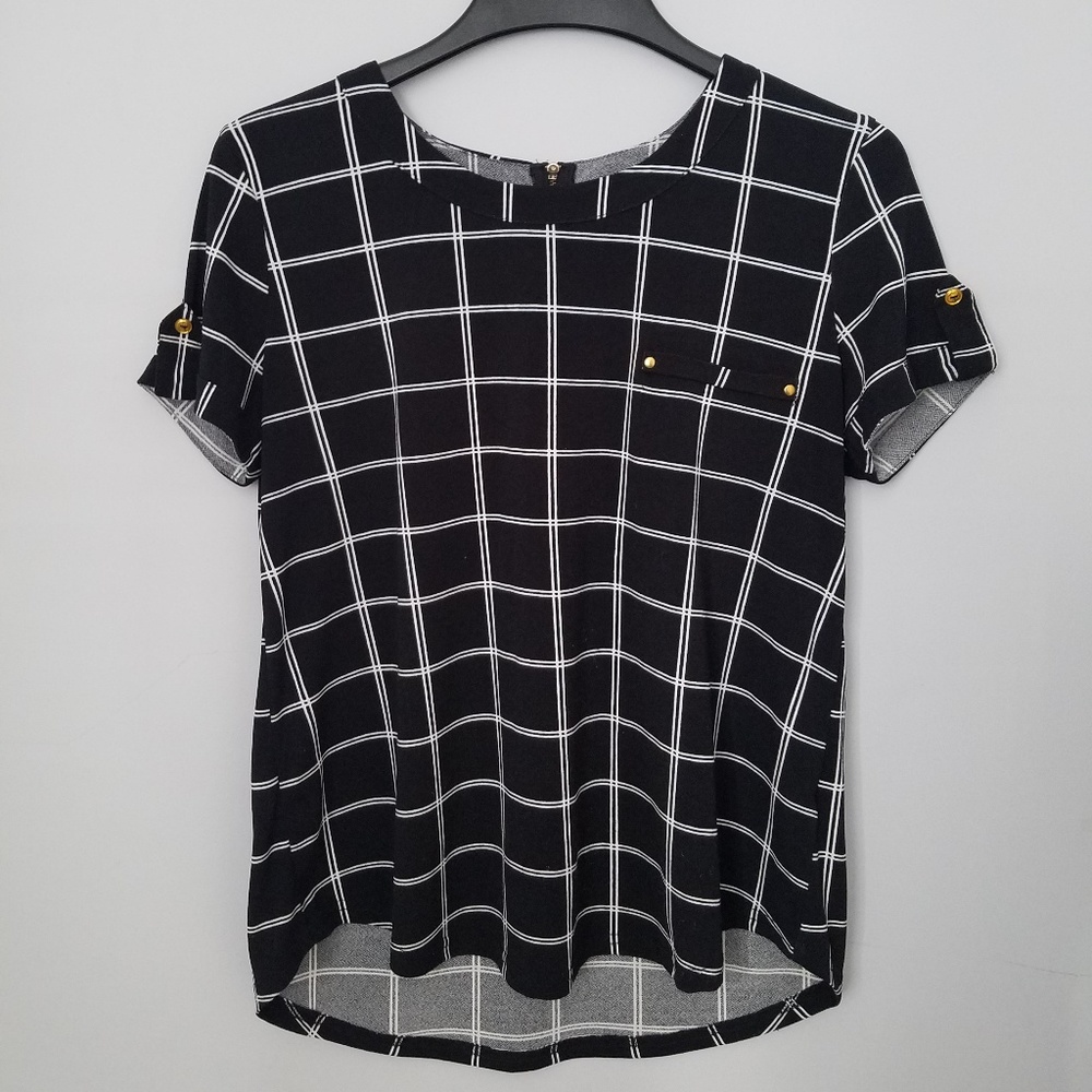 Sweet Wanderer Black & White Square Plaid Blouse